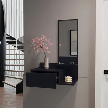 36" Black Wood Wall Mounted Accent Cabinet With Drawer And Mirror