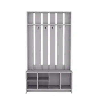 68" Gray Wood Four Hook Coat And Shoe Rack