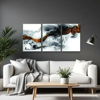 Set Of Three Black White and Gold Modern Abstract Gold Framed Wall Art