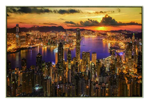 Victoria Harbor At Sunset Black Framed Wall Art