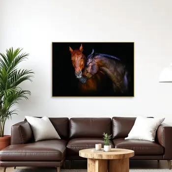 Black And Brown Two Horses Caressing Gold Framed Wall Art