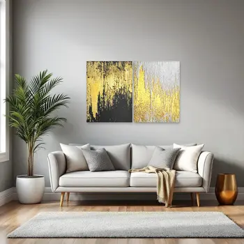 Set Of Two Black And Gold Modern Abstract Unframed Acrylic Wall Art