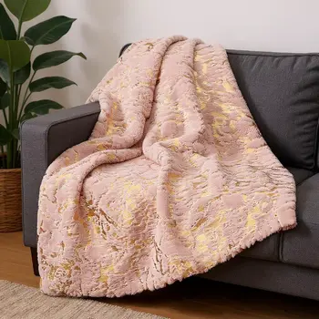 50" X 60" Pink And Gold Abstract Faux Fur Plush Throw Blanket