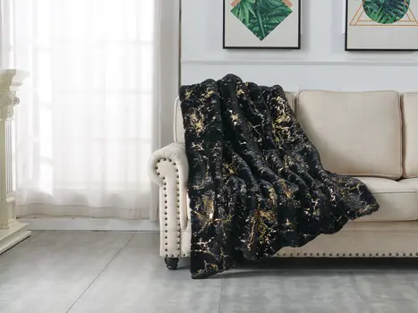 50" X 60" Black And Gold Abstract Faux Fur Plush Throw Blanket