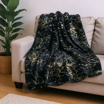 50" X 60" Black And Gold Abstract Faux Fur Plush Throw Blanket