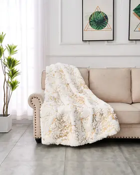 60" X 80" White And Gold Abstract Faux Fur Plush Throw Blanket