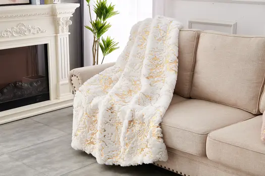 60" X 80" White And Gold Abstract Faux Fur Plush Throw Blanket