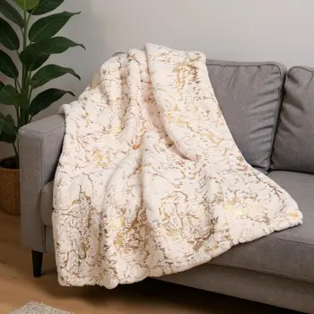 60" X 80" Beige And Gold Abstract Faux Fur Plush Throw Blanket