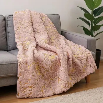 60" X 80" Pink And Gold Abstract Faux Fur Plush Throw Blanket