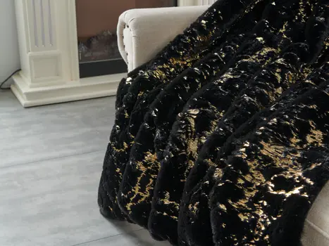 60" X 80" Black And Gold Abstract Faux Fur Plush Throw Blanket