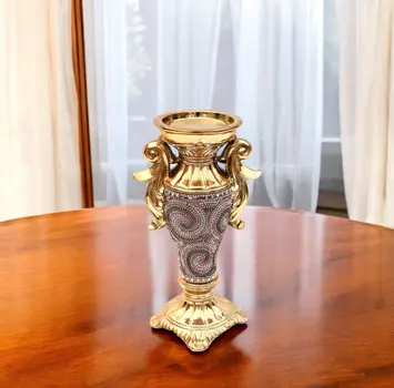 10" Gold Geometric Amphora Ceramic Table Vase With Faux Crystal Embellishments