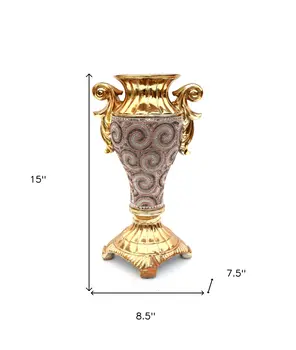 15" Gold Geometric Amphora Ceramic Table Vase With Faux Crystal Embellishments