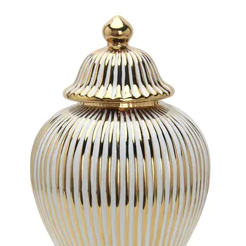 12" White and Gold Striped Urn Ceramic Ginger Jar