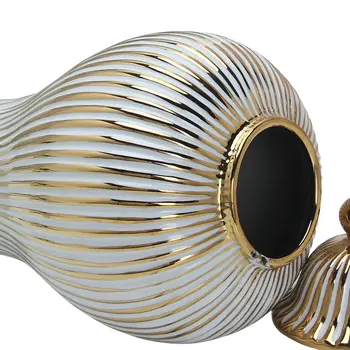 12" White and Gold Striped Urn Ceramic Ginger Jar