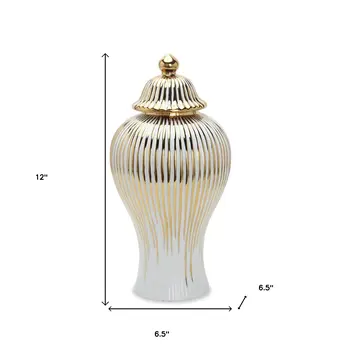 12" White and Gold Striped Urn Ceramic Ginger Jar