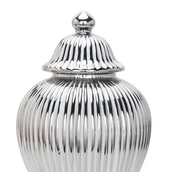 17" White and Silver Striped Urn Ceramic Ginger Jar