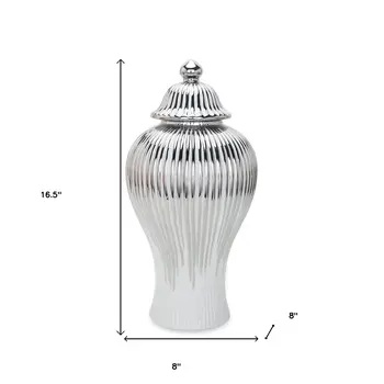 17" White and Silver Striped Urn Ceramic Ginger Jar