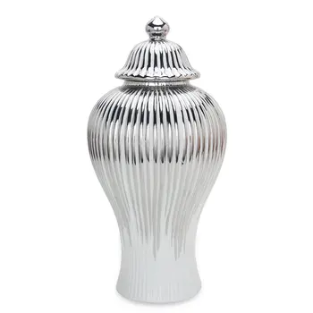 12" White and Silver Striped Urn Ceramic Ginger Jar