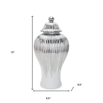 12" White and Silver Striped Urn Ceramic Ginger Jar