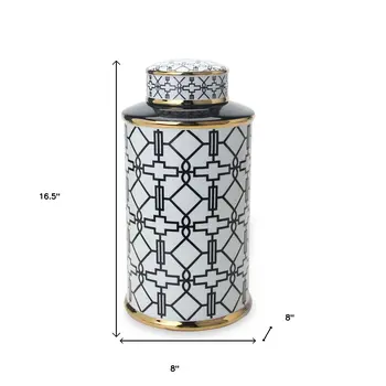 17" White Black and Gold Geometric Cylinder Ceramic Ginger Jar