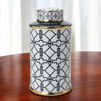 17" White Black and Gold Geometric Cylinder Ceramic Ginger Jar