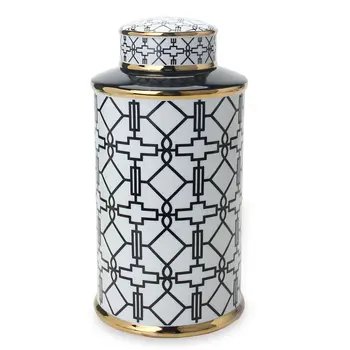 12" White and Black Geometric Cylinder Ceramic Ginger Jar