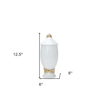 13" White and Gold Abstract Urn Ceramic Ginger Jar