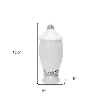 13" White and Silver Abstract Oval Ceramic Ginger Jar