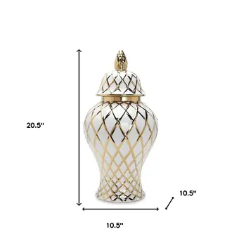 21" White and Gold Geometric Urn Ceramic Ginger Jar