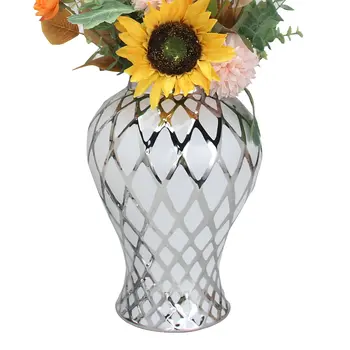 17" White and Silver Ceramic Geometric Round Ginger Jar
