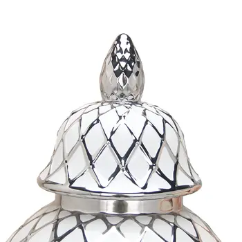 17" White and Silver Ceramic Geometric Round Ginger Jar