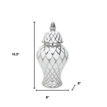 17" White and Silver Ceramic Geometric Round Ginger Jar