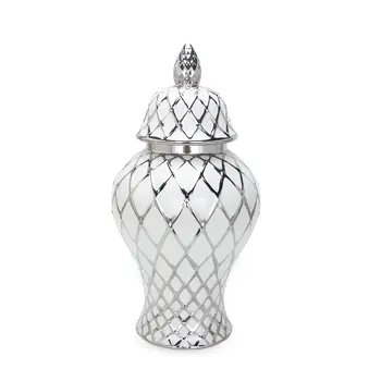 21" White and Silver Geometric Urn Ceramic Ginger Jar