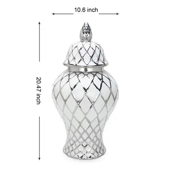 21" White and Silver Geometric Urn Ceramic Ginger Jar