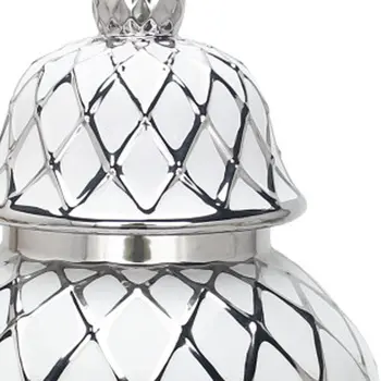 21" White and Silver Geometric Urn Ceramic Ginger Jar