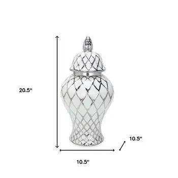 21" White and Silver Geometric Urn Ceramic Ginger Jar