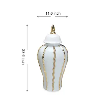 25" White and Gold Ceramic Abstract Oval Ginger Jar