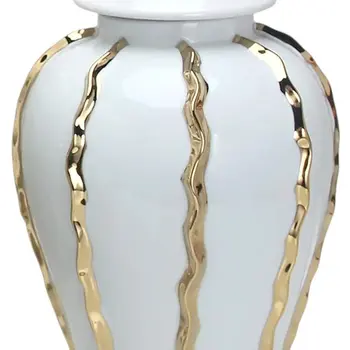 25" White and Gold Ceramic Abstract Oval Ginger Jar