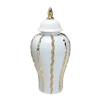 25" White and Gold Ceramic Abstract Oval Ginger Jar
