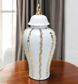 25" White and Gold Ceramic Abstract Oval Ginger Jar