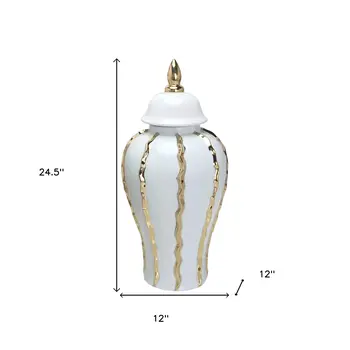 25" White and Gold Ceramic Abstract Oval Ginger Jar