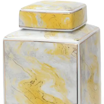 11" Gray and Gold Abstract Square Ceramic Ginger Jar