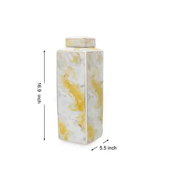17" Gray and Gold Ceramic Abstract Square Ginger Jar