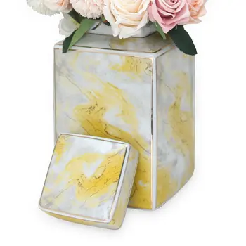 17" Gray and Gold Ceramic Abstract Square Ginger Jar