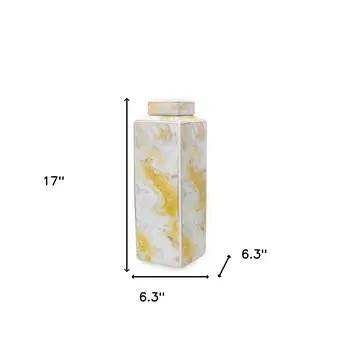 17" Gray and Gold Ceramic Abstract Square Ginger Jar