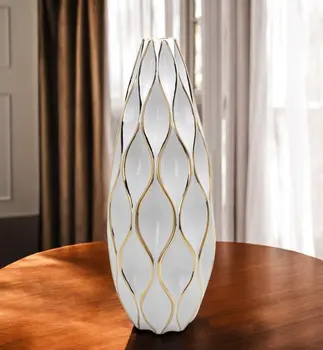 25" White and Gold Ceramic Geometric Wavy Table Vase