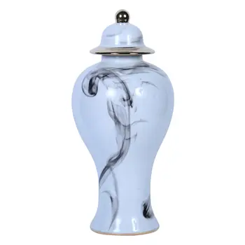 19" White and Gray Abstract Amphora Ceramic Ginger Jar