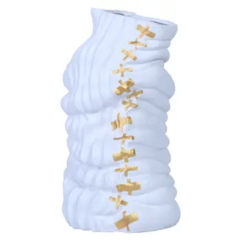 20" White and Gold Abstract Ceramic Table Vase With Sculptural Details