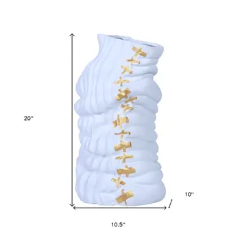 20" White and Gold Abstract Ceramic Table Vase With Sculptural Details