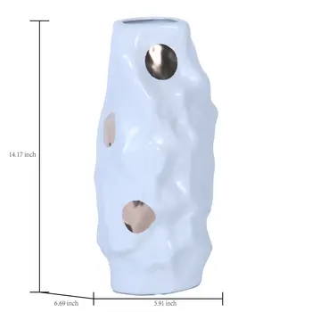 14" White and Gold Polka Dots Wavy Ceramic Table Vase
